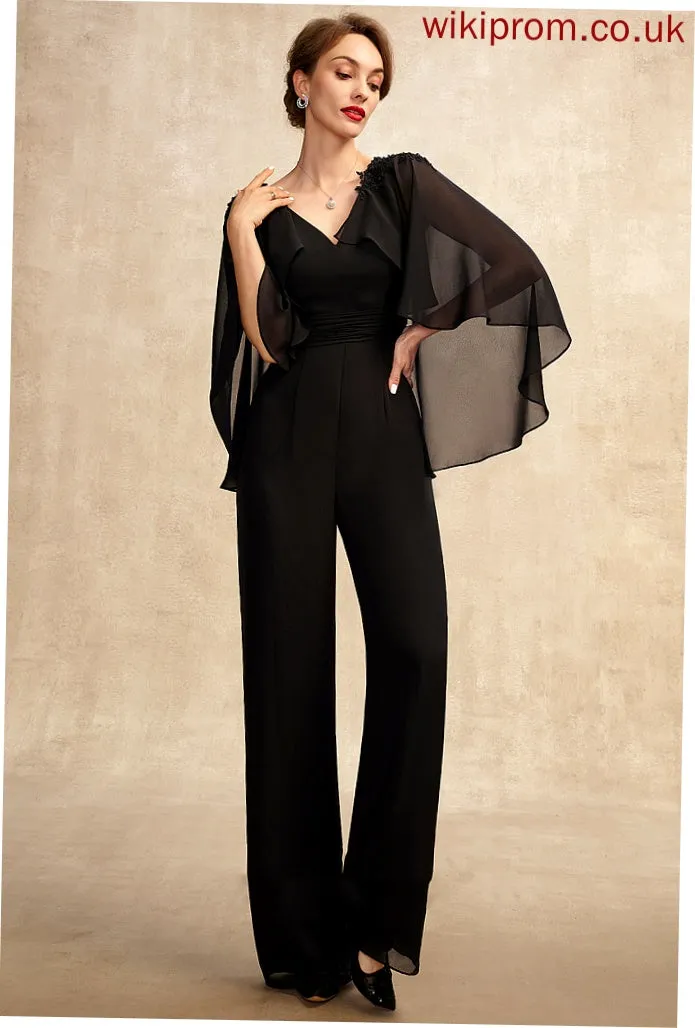 Floor-Length Appliques Jumpsuit/Pantsuit Ruffle Lia Dress Bride Beading Chiffon Sequins Mother of the Bride Dresses the Lace of With Mother V-neck