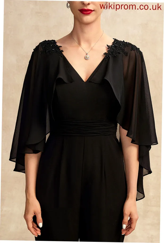 Floor-Length Appliques Jumpsuit/Pantsuit Ruffle Lia Dress Bride Beading Chiffon Sequins Mother of the Bride Dresses the Lace of With Mother V-neck