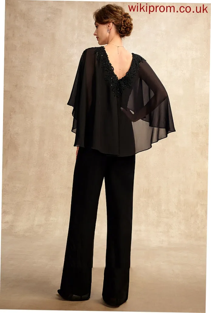 Floor-Length Appliques Jumpsuit/Pantsuit Ruffle Lia Dress Bride Beading Chiffon Sequins Mother of the Bride Dresses the Lace of With Mother V-neck