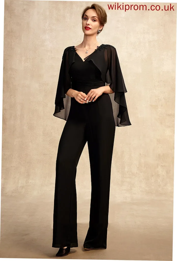 Floor-Length Appliques Jumpsuit/Pantsuit Ruffle Lia Dress Bride Beading Chiffon Sequins Mother of the Bride Dresses the Lace of With Mother V-neck