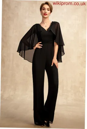 Floor-Length Appliques Jumpsuit/Pantsuit Ruffle Lia Dress Bride Beading Chiffon Sequins Mother of the Bride Dresses the Lace of With Mother V-neck