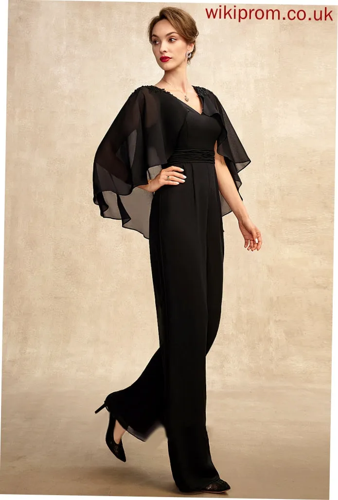 Floor-Length Appliques Jumpsuit/Pantsuit Ruffle Lia Dress Bride Beading Chiffon Sequins Mother of the Bride Dresses the Lace of With Mother V-neck