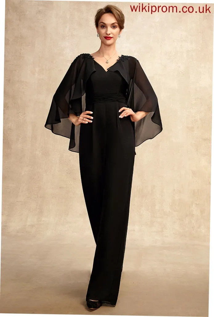 Floor-Length Appliques Jumpsuit/Pantsuit Ruffle Lia Dress Bride Beading Chiffon Sequins Mother of the Bride Dresses the Lace of With Mother V-neck
