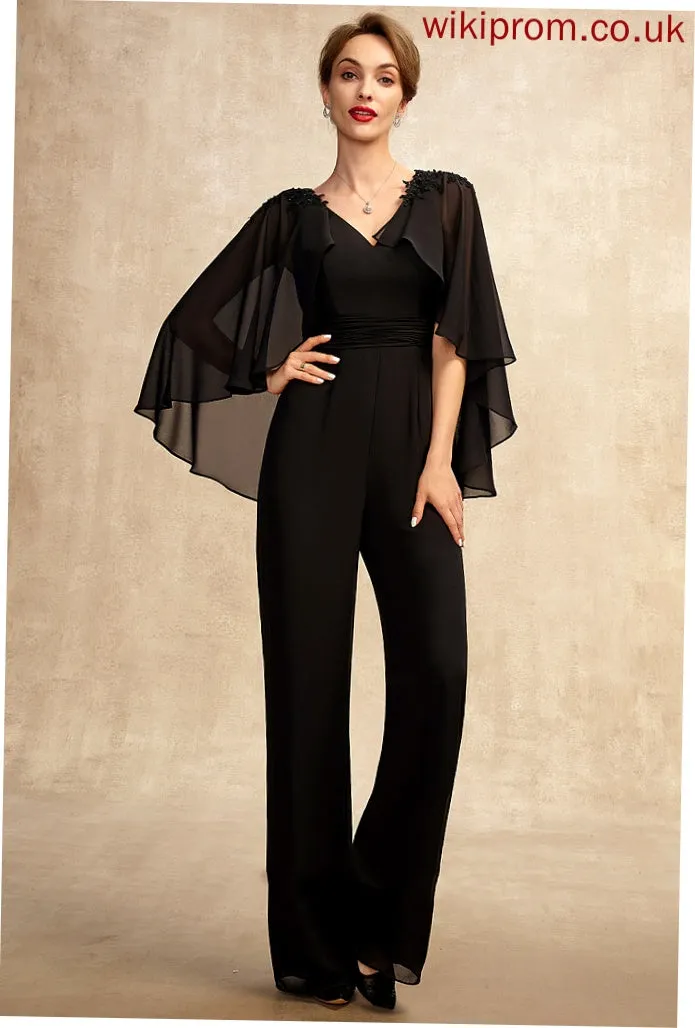 Floor-Length Appliques Jumpsuit/Pantsuit Ruffle Lia Dress Bride Beading Chiffon Sequins Mother of the Bride Dresses the Lace of With Mother V-neck