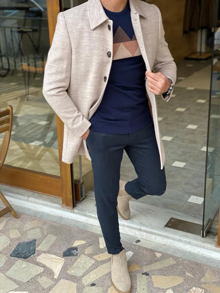 Genoa Beige Wool Collar Slim Fit Coat