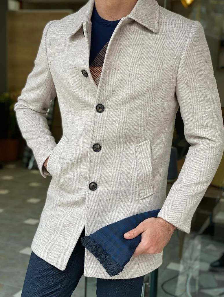 Genoa Beige Wool Collar Slim Fit Coat