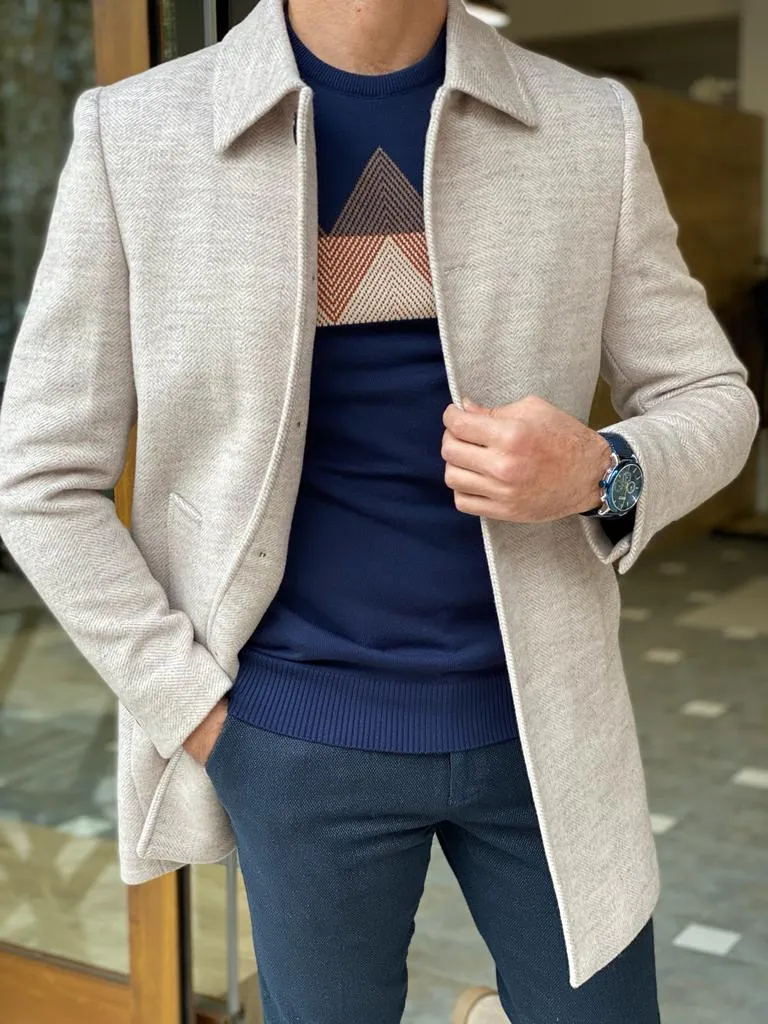 Genoa Beige Wool Collar Slim Fit Coat