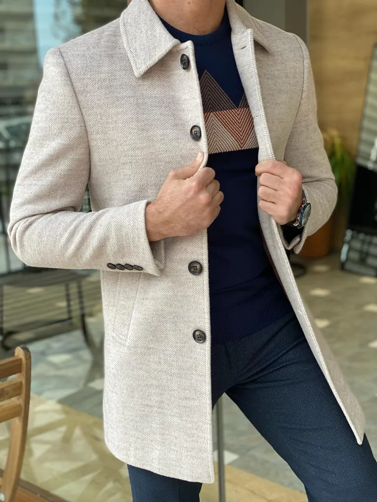 Genoa Beige Wool Collar Slim Fit Coat