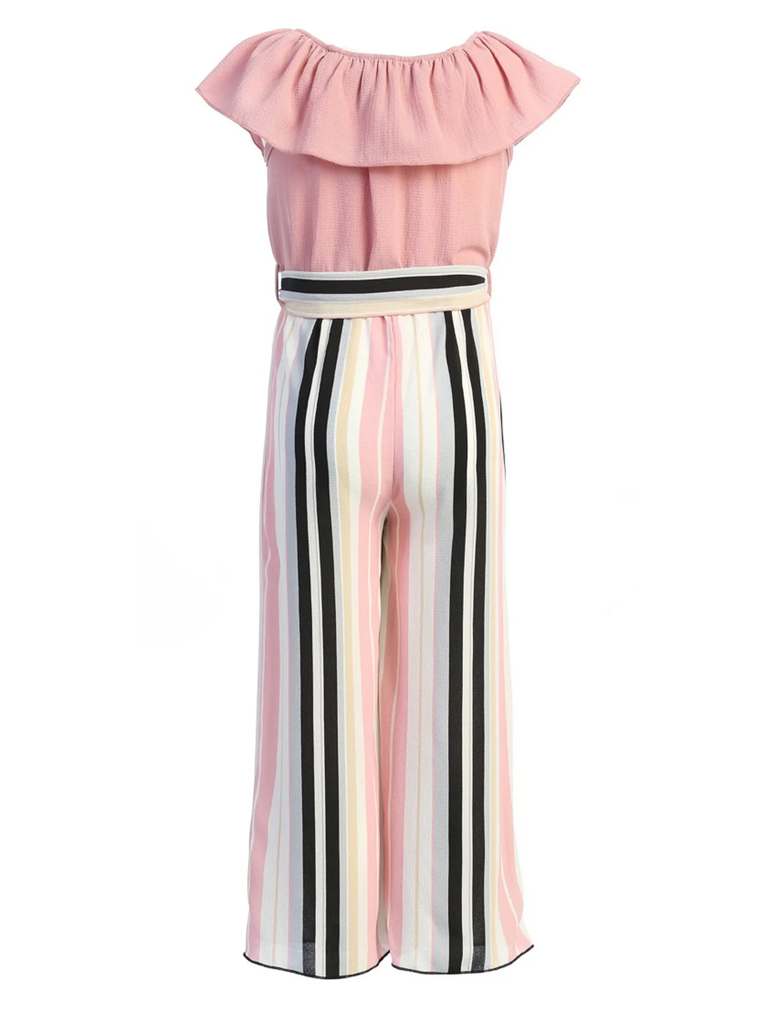Girls Ruffle Off Shoulder Rose Striped Jumpsuit with Bow Tie, Sizes 4-14