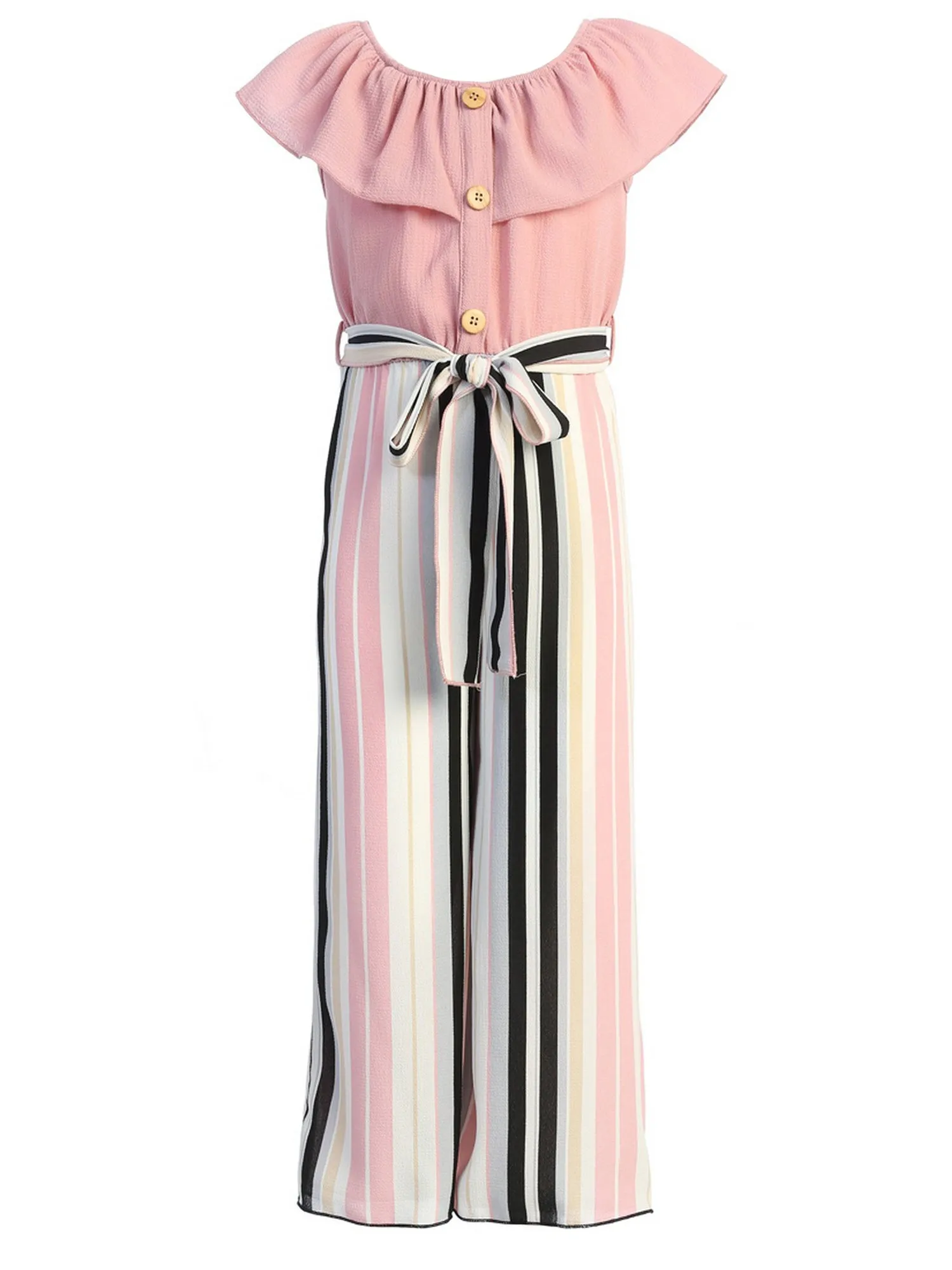 Girls Ruffle Off Shoulder Rose Striped Jumpsuit with Bow Tie, Sizes 4-14