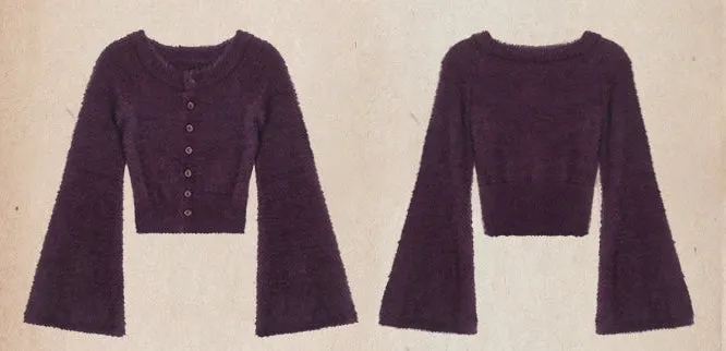 Grape Solid Color Purple Fluff Off The Shoulder Long Flare Sleeve Cropped Sweater Top