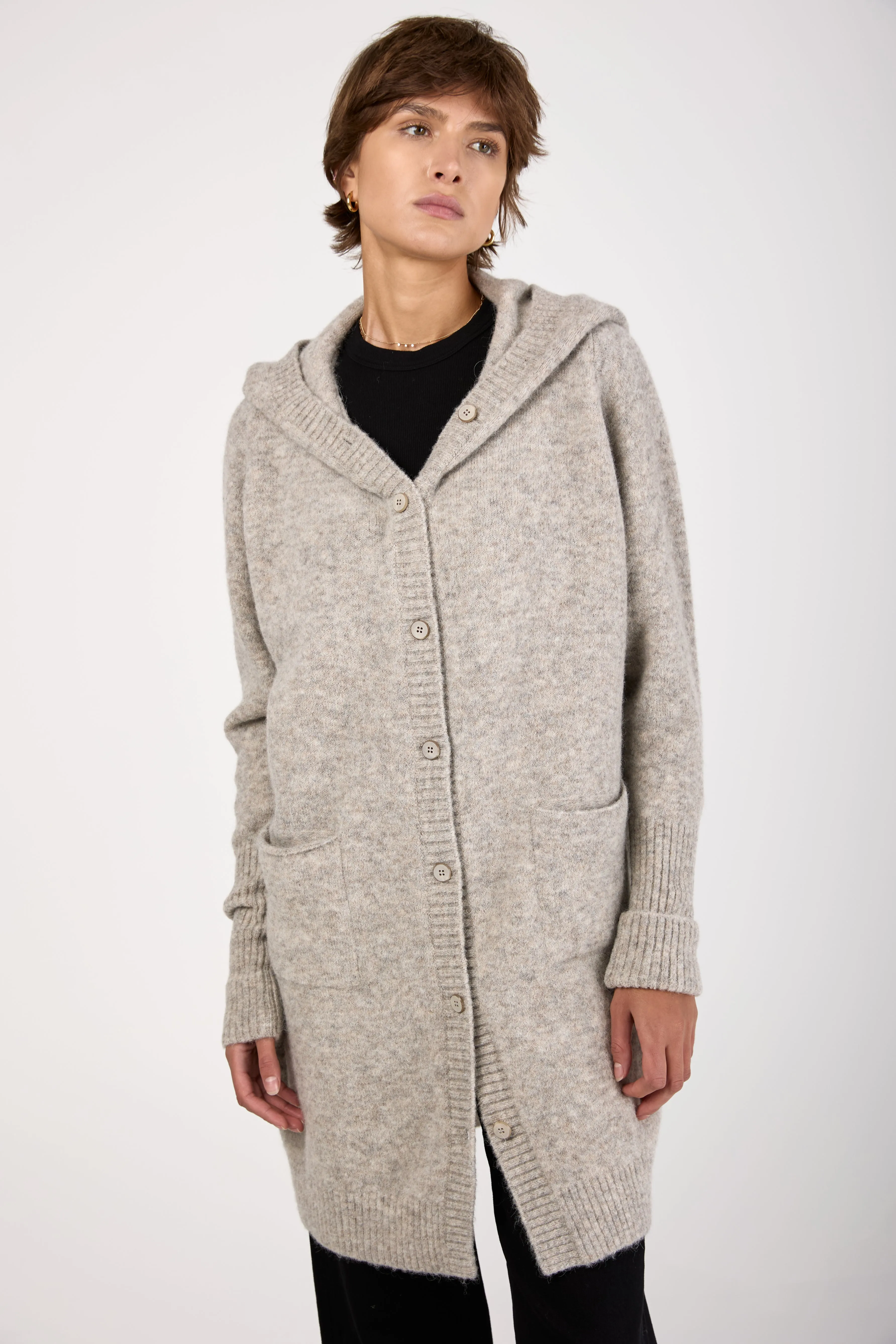 Hooded Long Cardigan in Light Grey