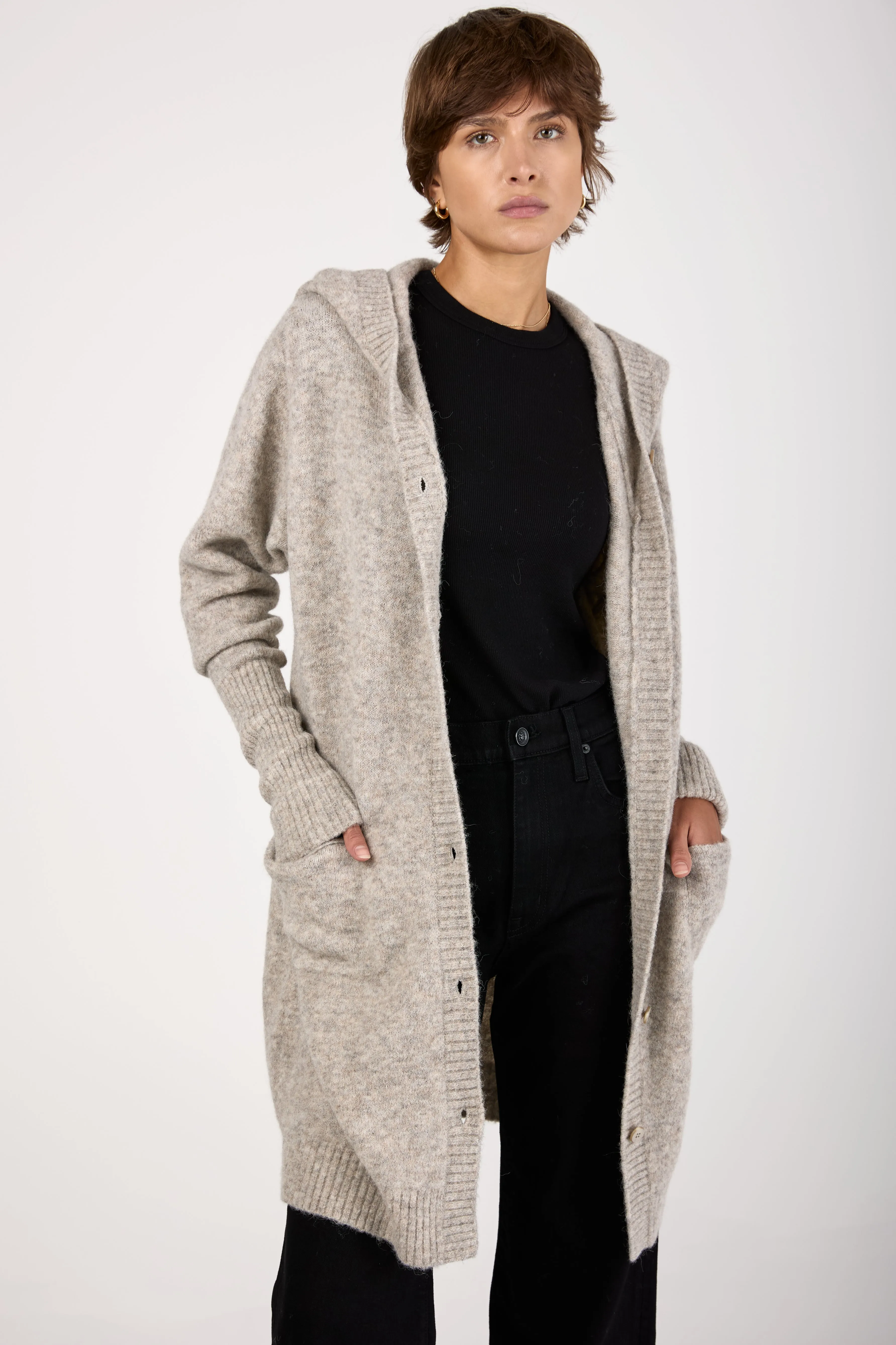 Hooded Long Cardigan in Light Grey