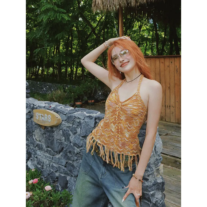 Jaine Halter V-Neck Fringe Sleeveless Cropped Summer Top