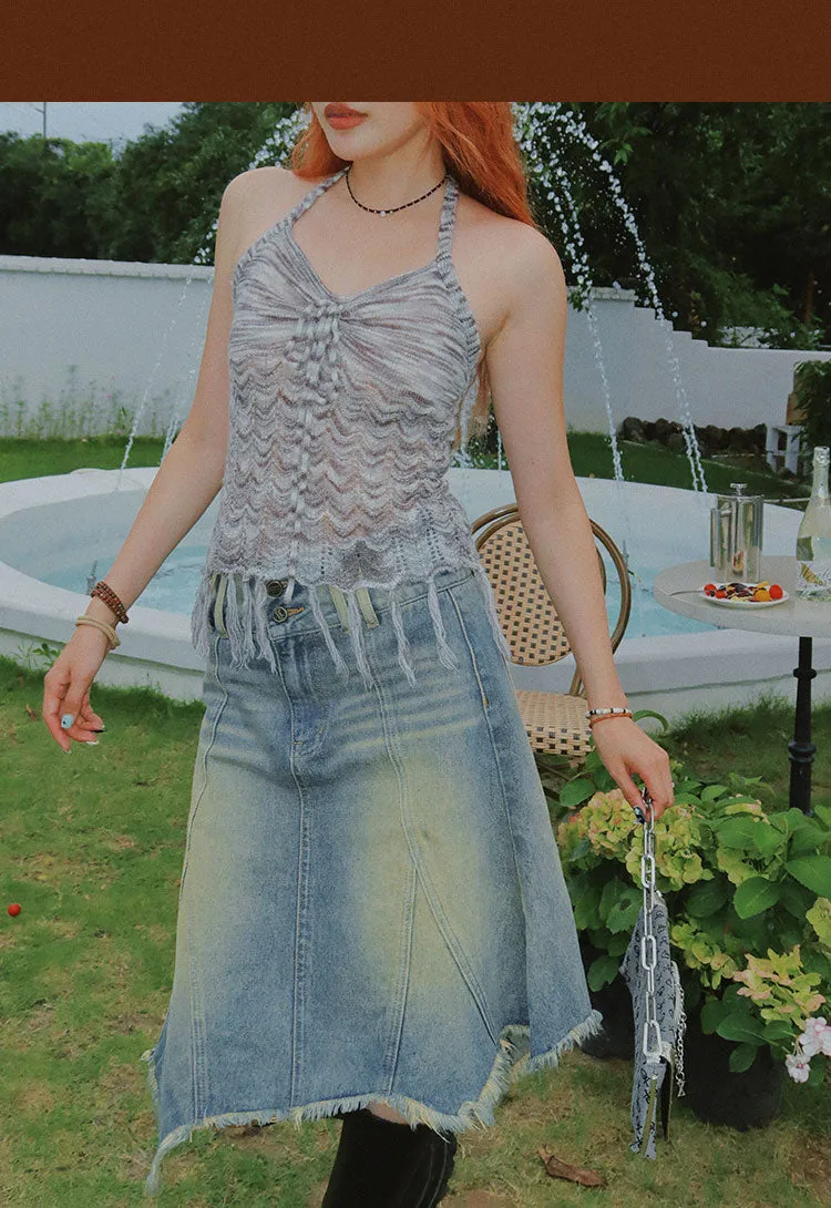 Jaine Halter V-Neck Fringe Sleeveless Cropped Summer Top
