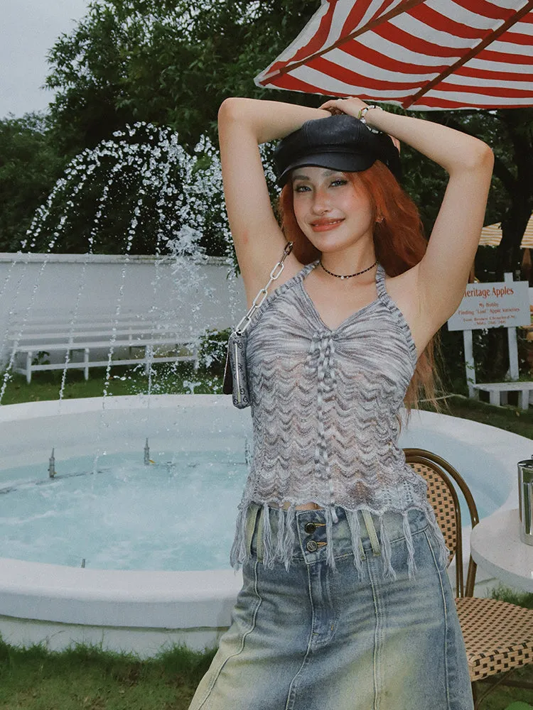 Jaine Halter V-Neck Fringe Sleeveless Cropped Summer Top