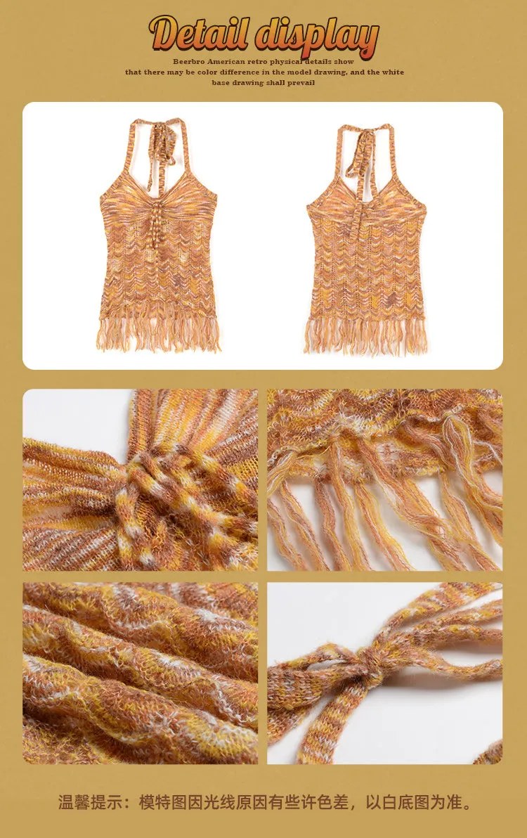 Jaine Halter V-Neck Fringe Sleeveless Cropped Summer Top
