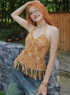 Jaine Halter V-Neck Fringe Sleeveless Cropped Summer Top