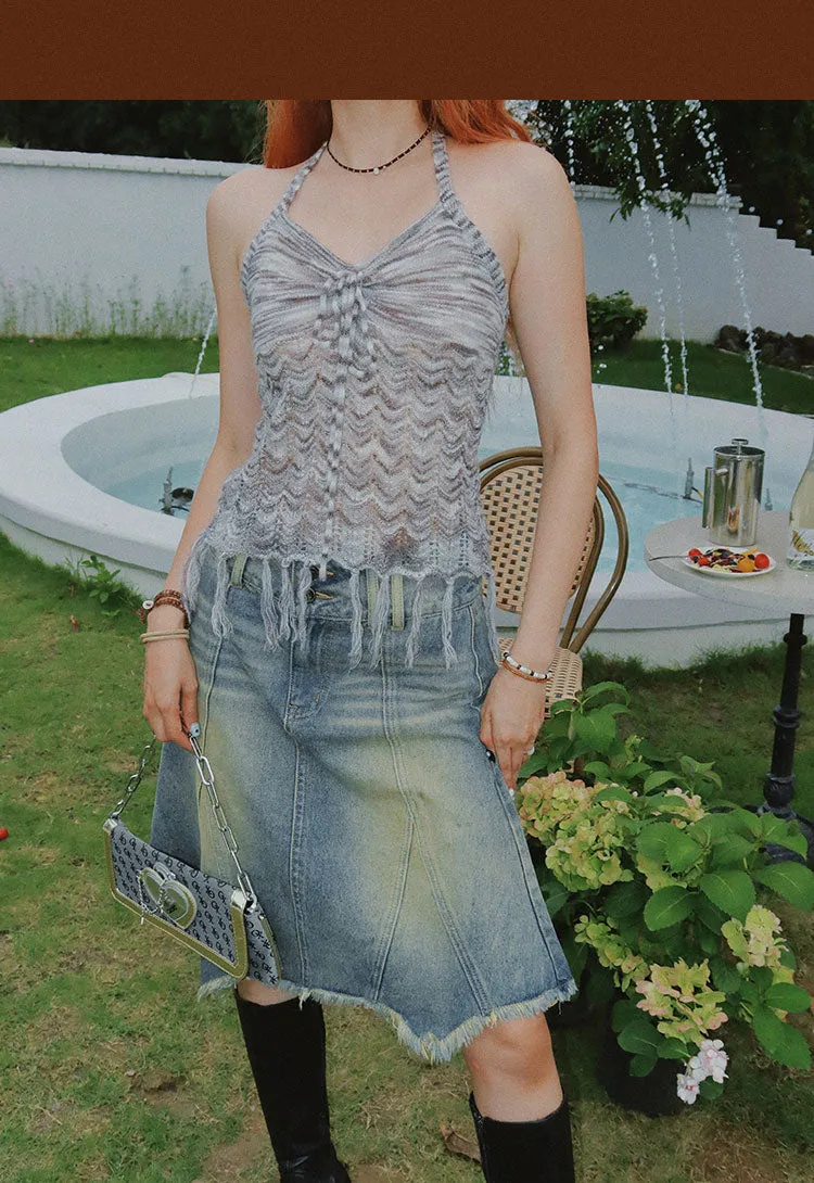 Jaine Halter V-Neck Fringe Sleeveless Cropped Summer Top