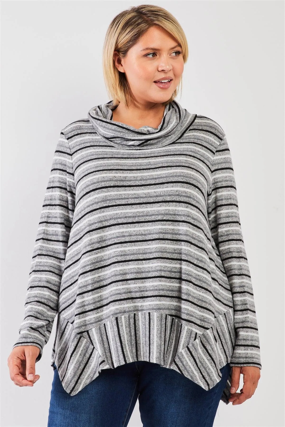 Junior Plus Multi Striped Cowl Turtleneck Relaxed Tunic Sweater Top /3-2-1