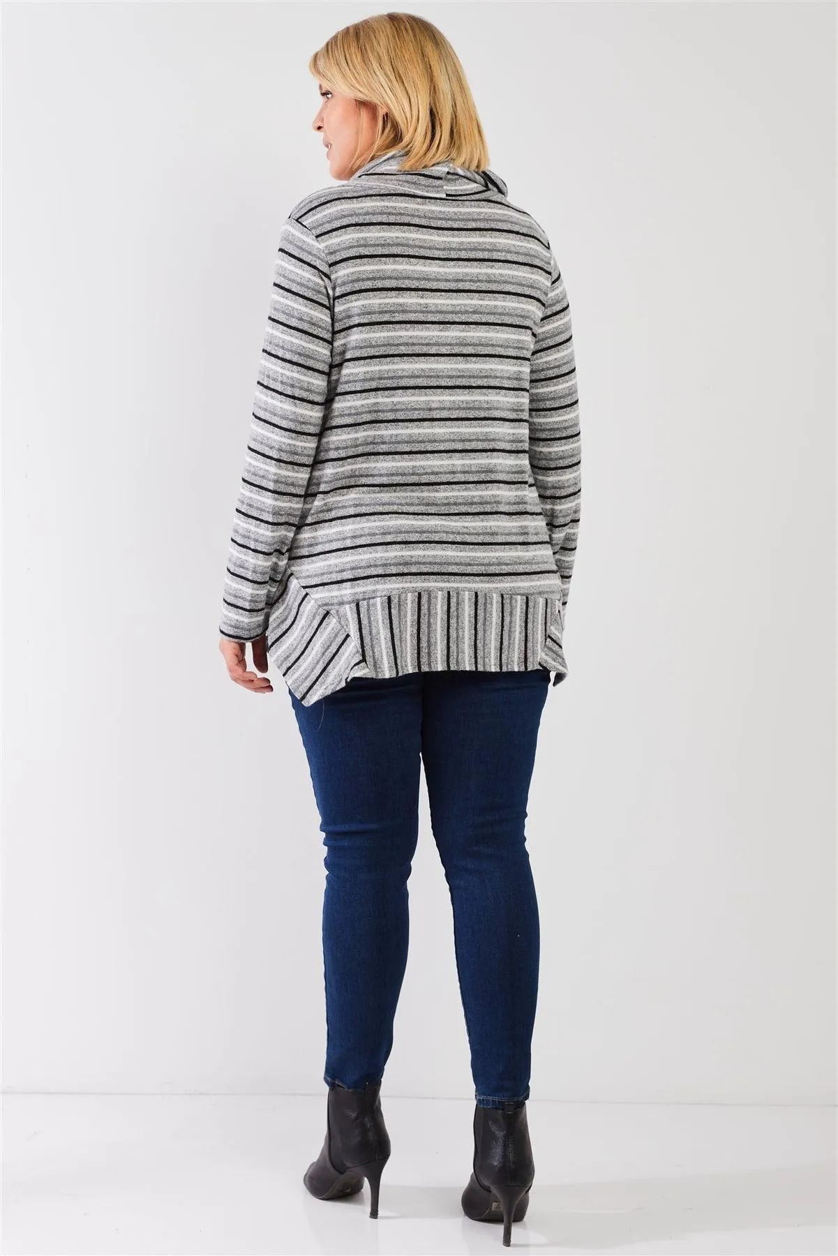 Junior Plus Multi Striped Cowl Turtleneck Relaxed Tunic Sweater Top /3-2-1