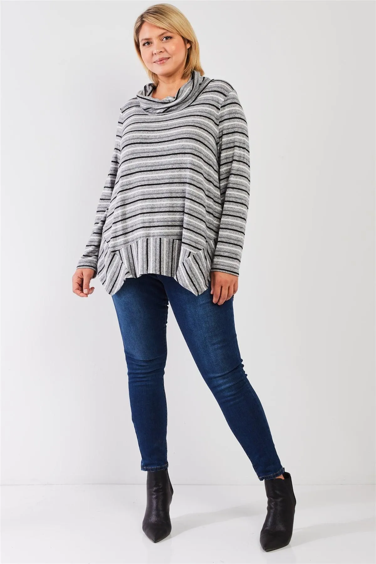 Junior Plus Multi Striped Cowl Turtleneck Relaxed Tunic Sweater Top /3-2-1