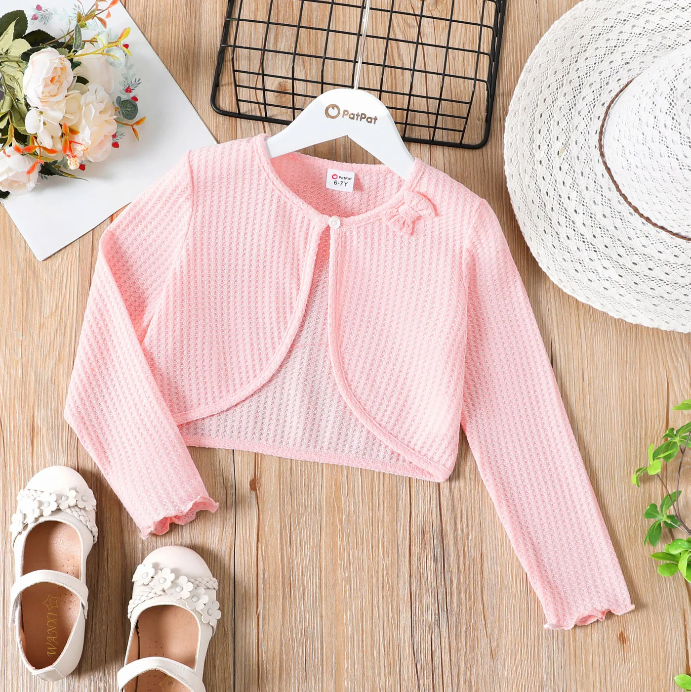 Kid Girl Bowknot Design Waffle Solid Color Cardigan