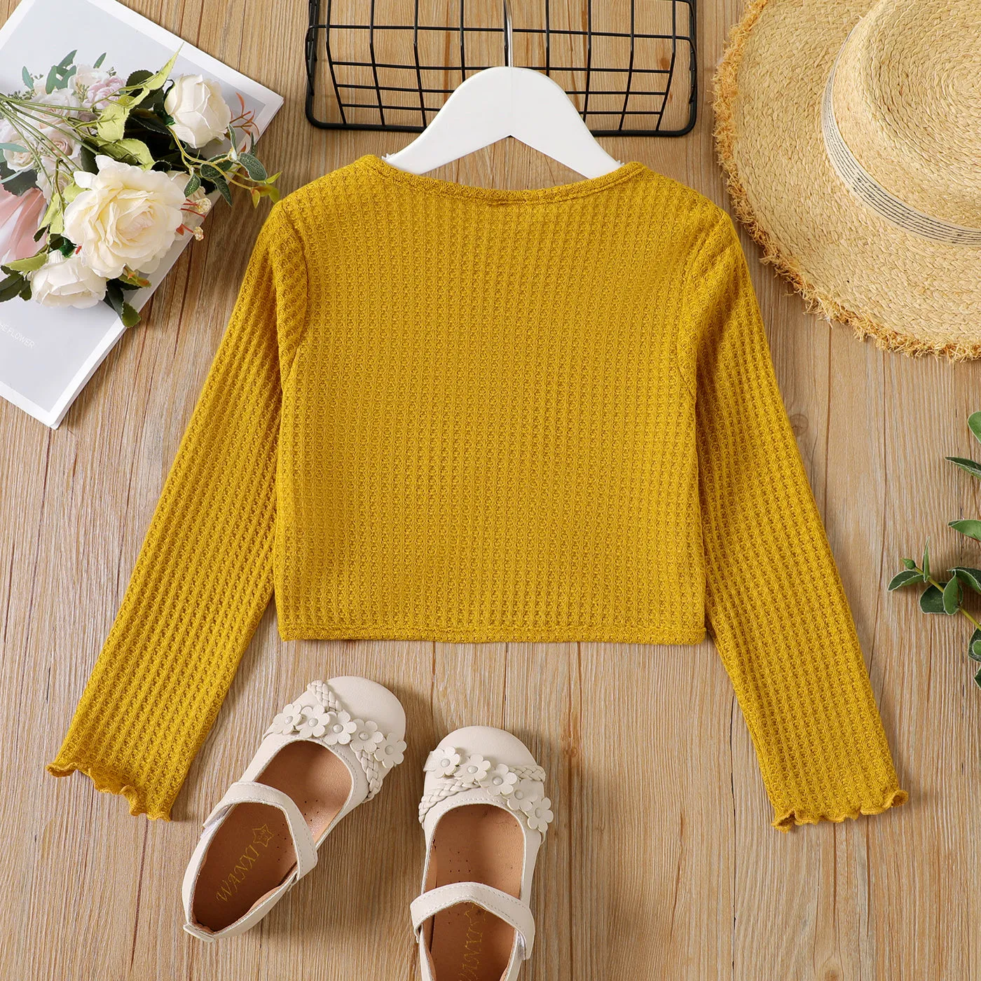Kid Girl Bowknot Design Waffle Solid Color Cardigan