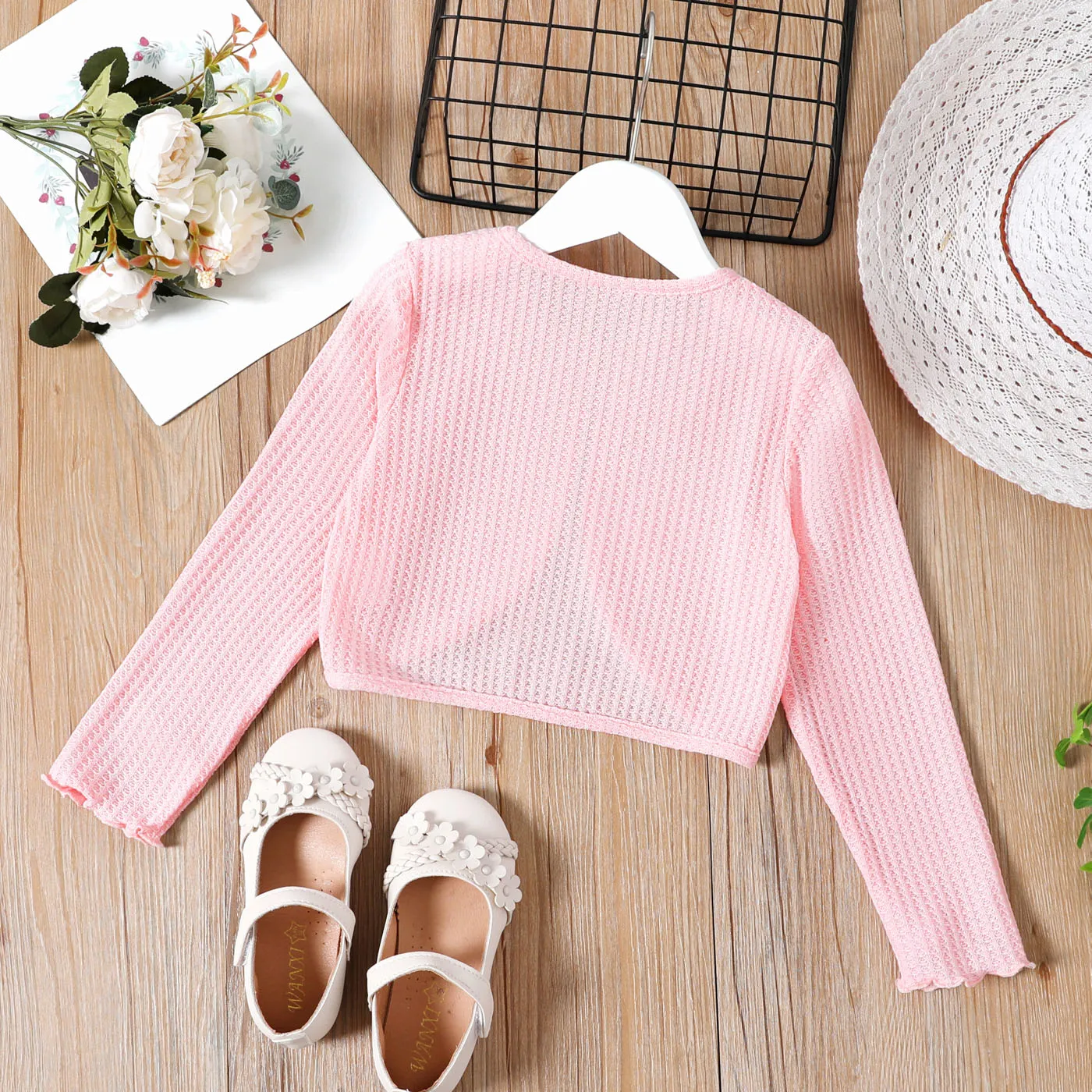 Kid Girl Bowknot Design Waffle Solid Color Cardigan