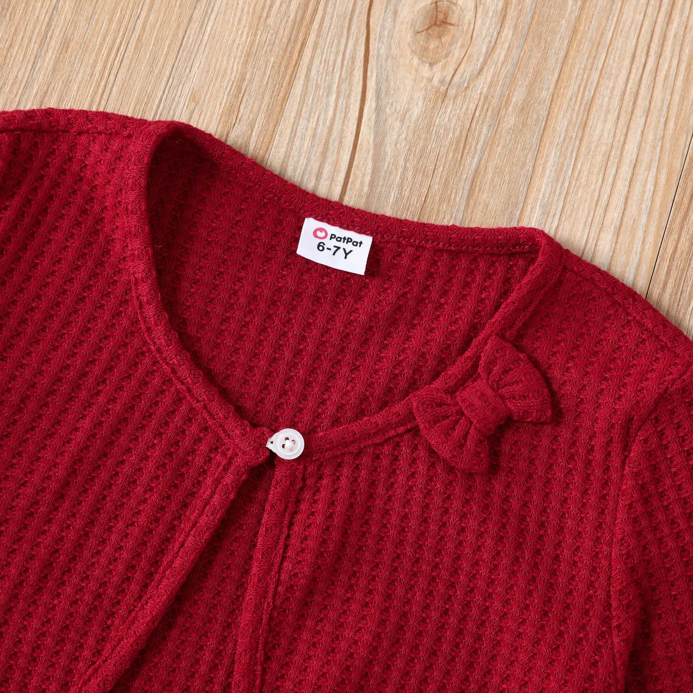 Kid Girl Bowknot Design Waffle Solid Color Cardigan