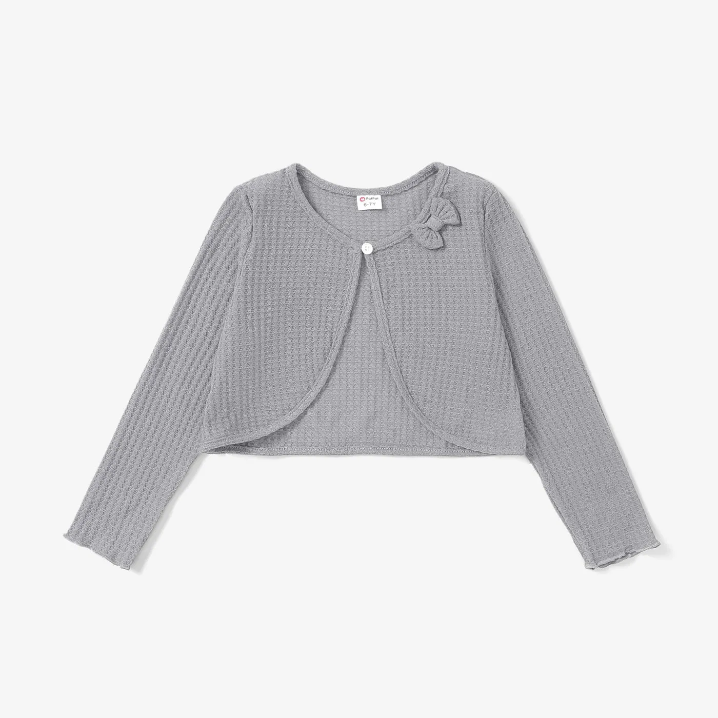 Kid Girl Bowknot Design Waffle Solid Color Cardigan