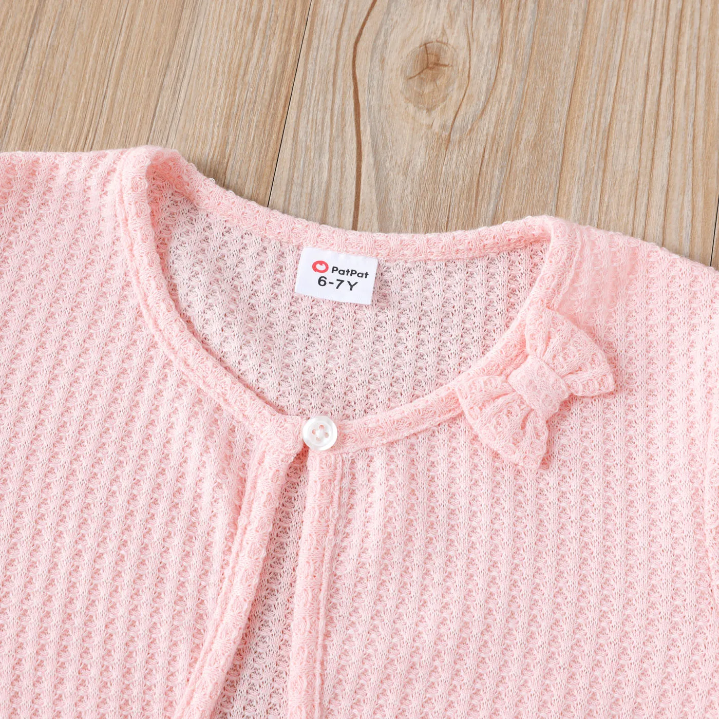 Kid Girl Bowknot Design Waffle Solid Color Cardigan