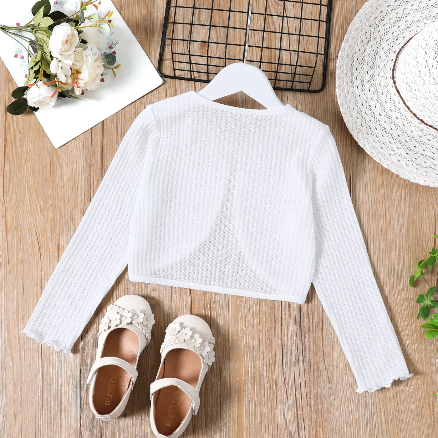Kid Girl Bowknot Design Waffle Solid Color Cardigan