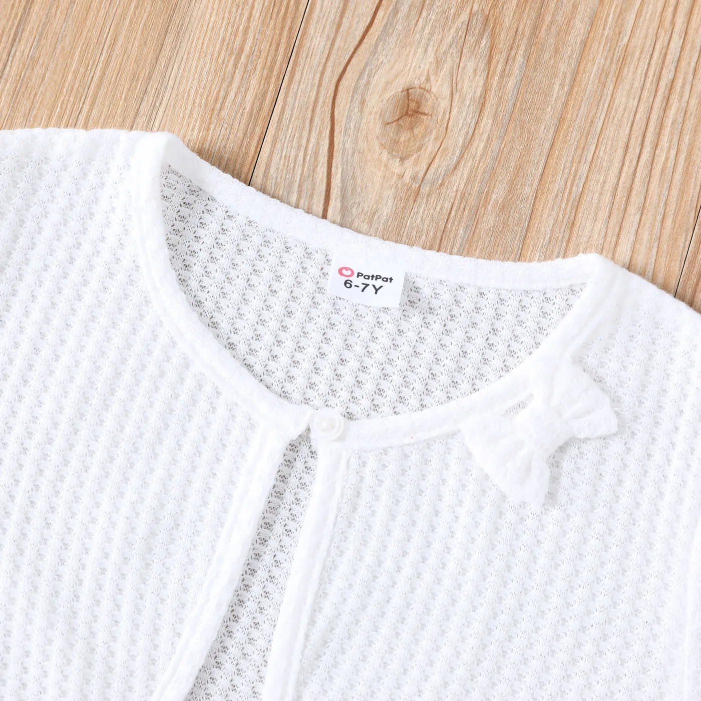 Kid Girl Bowknot Design Waffle Solid Color Cardigan