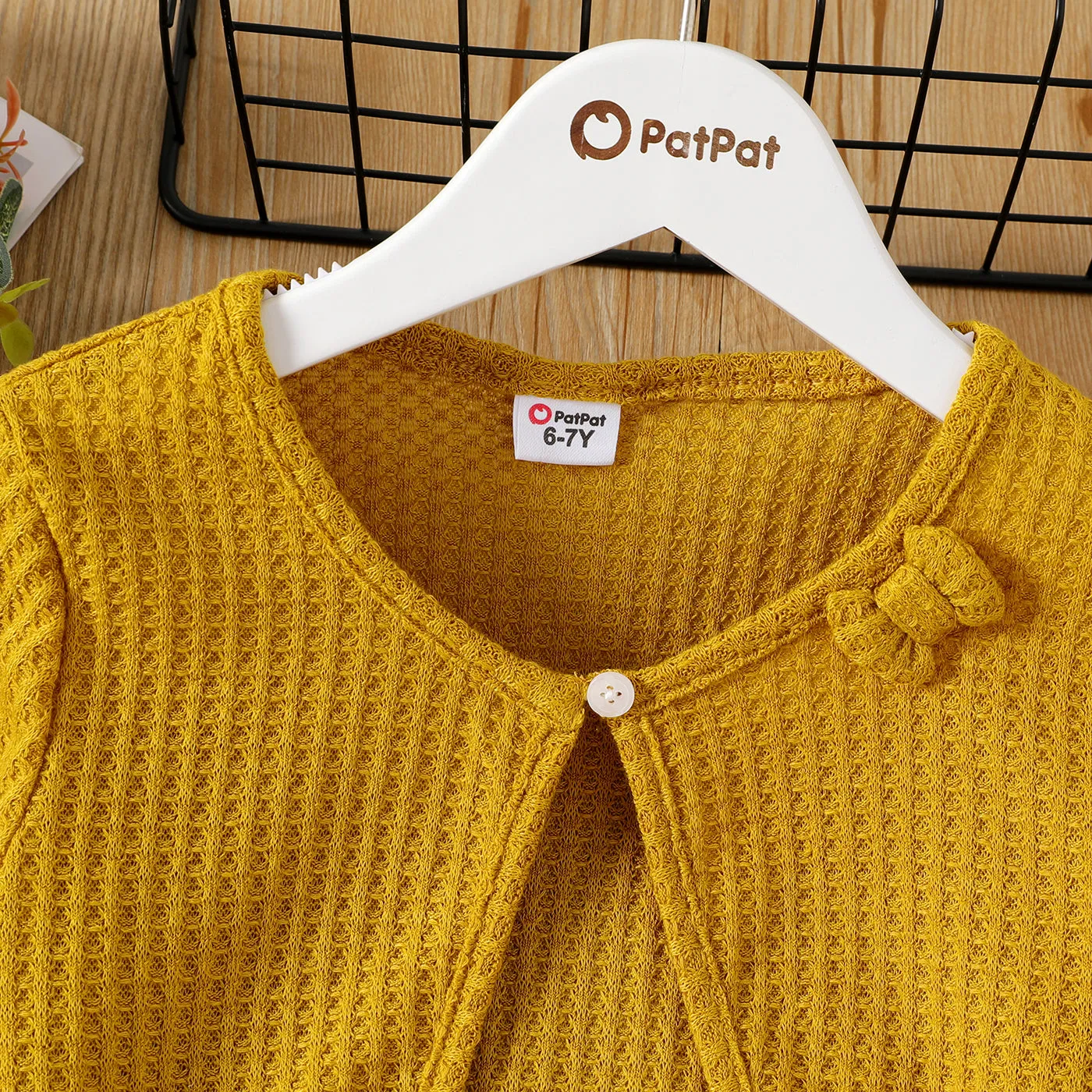 Kid Girl Bowknot Design Waffle Solid Color Cardigan