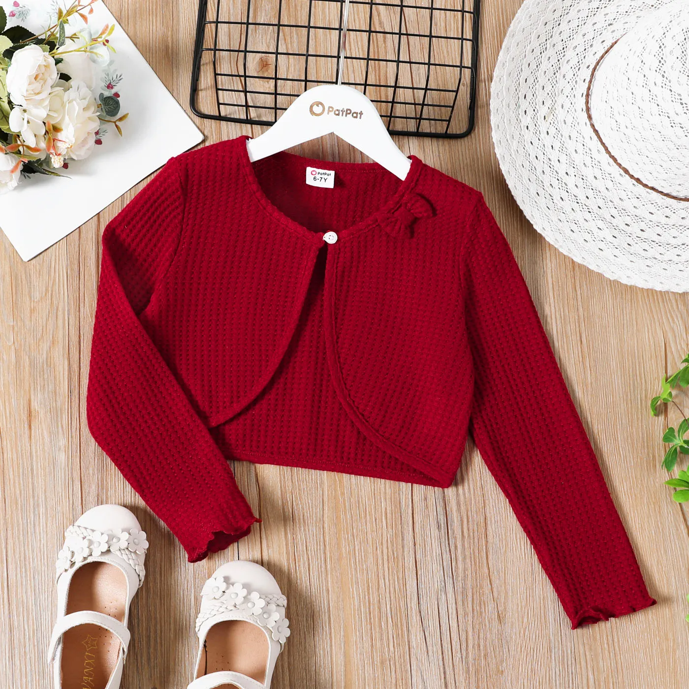 Kid Girl Bowknot Design Waffle Solid Color Cardigan