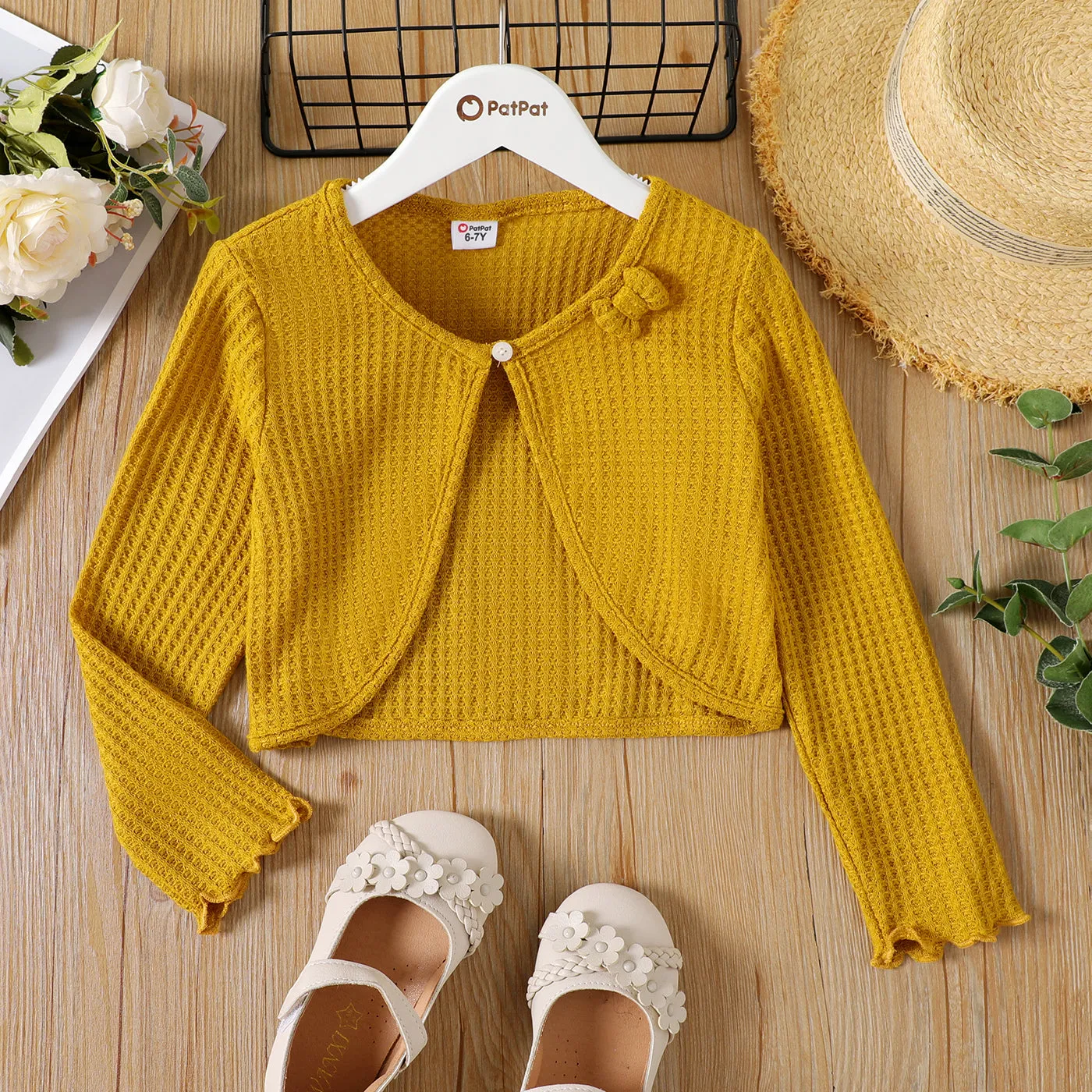 Kid Girl Bowknot Design Waffle Solid Color Cardigan