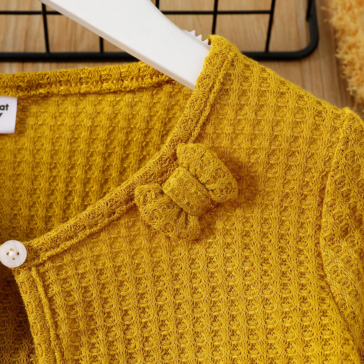Kid Girl Bowknot Design Waffle Solid Color Cardigan