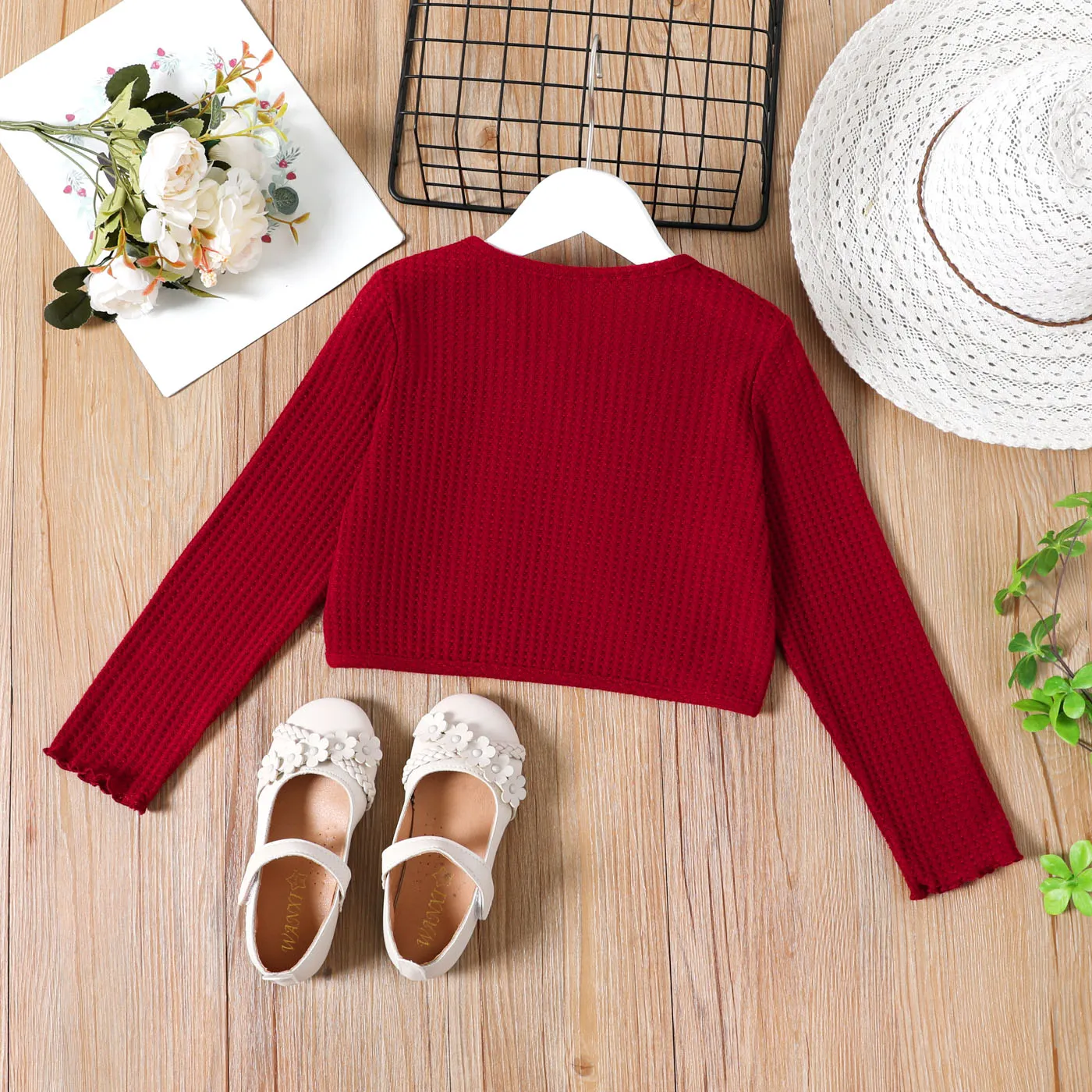 Kid Girl Bowknot Design Waffle Solid Color Cardigan