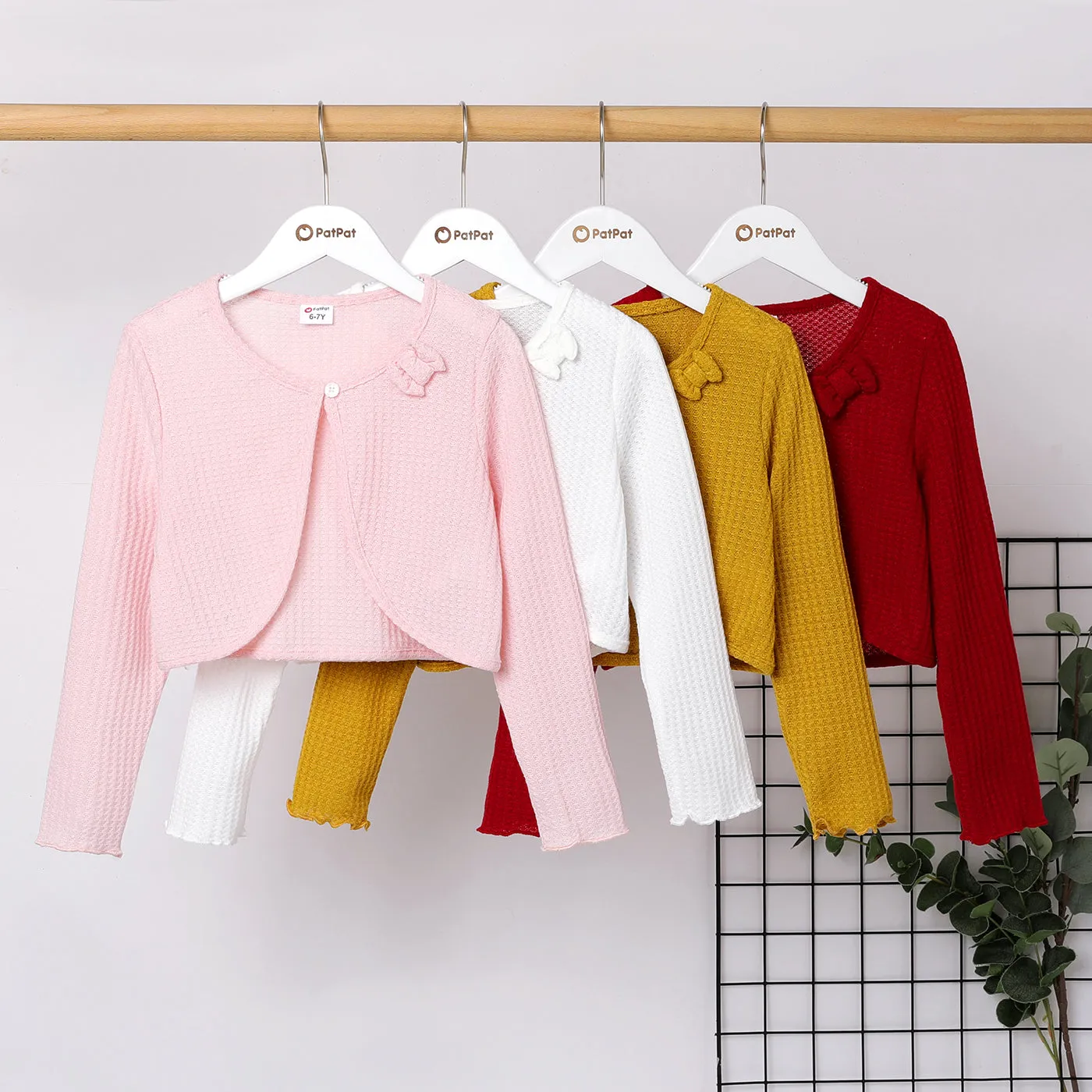 Kid Girl Bowknot Design Waffle Solid Color Cardigan