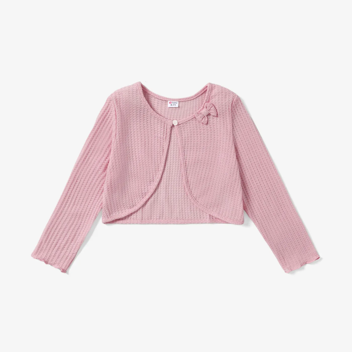 Kid Girl Bowknot Design Waffle Solid Color Cardigan