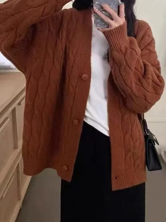 Ladies Solid Color Cable Knit Botton Cardigan SKT4811