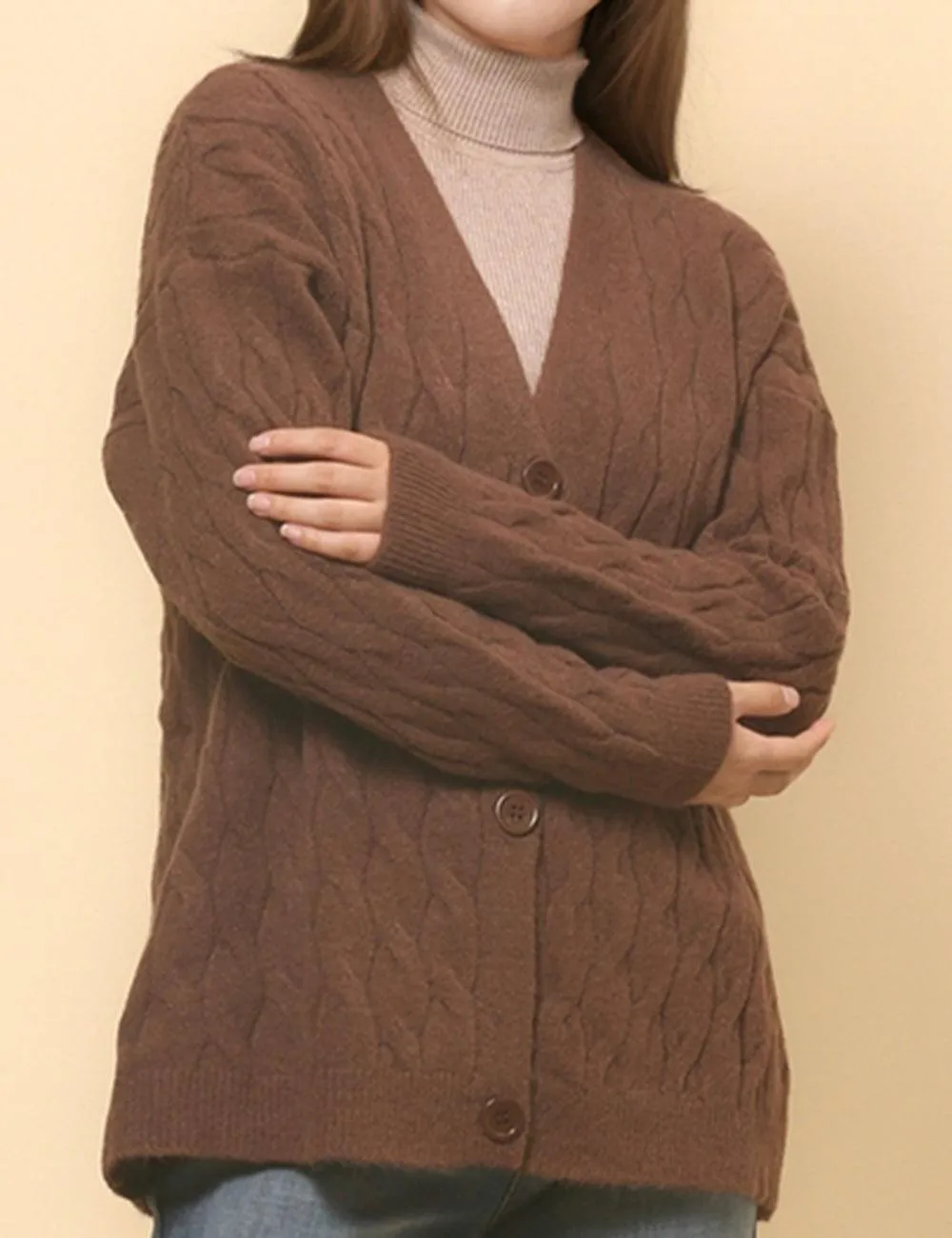 Ladies Solid Color Cable Knit Botton Cardigan SKT4811