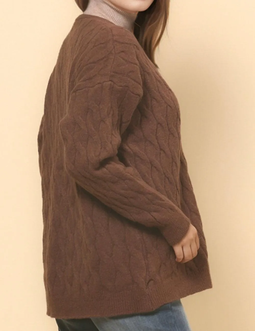 Ladies Solid Color Cable Knit Botton Cardigan SKT4811