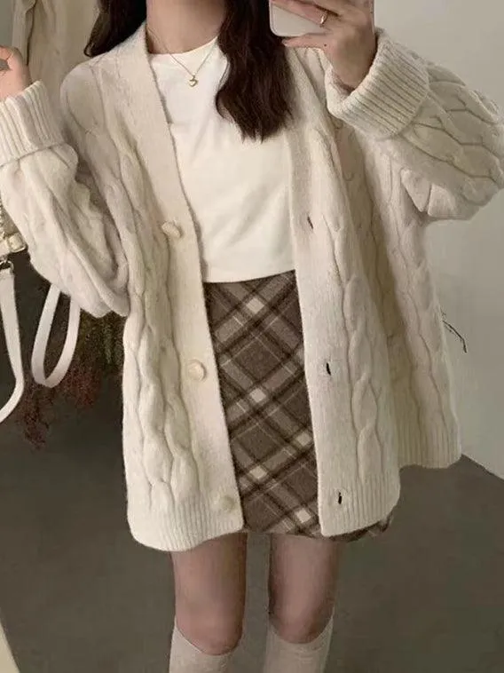 Ladies Solid Color Cable Knit Botton Cardigan SKT4811