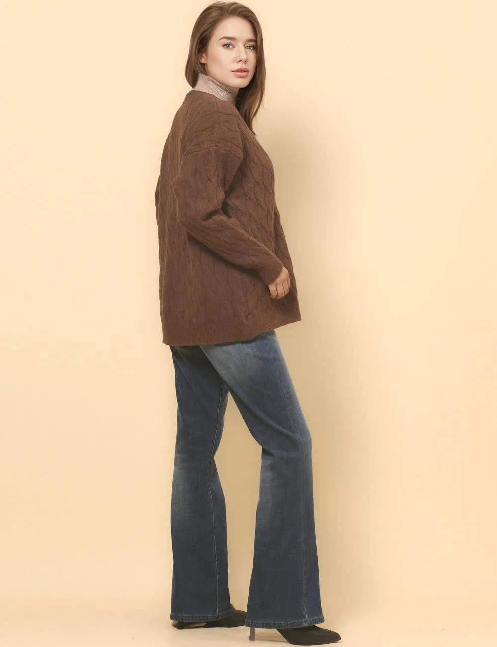 Ladies Solid Color Cable Knit Botton Cardigan SKT4811