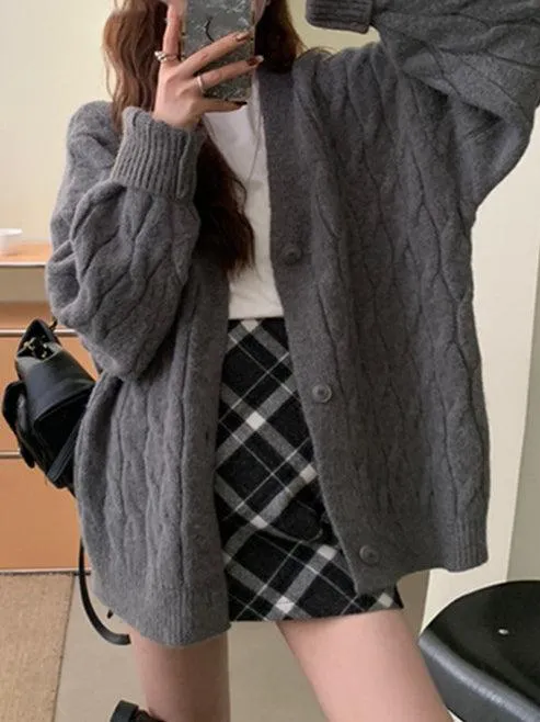 Ladies Solid Color Cable Knit Botton Cardigan SKT4811