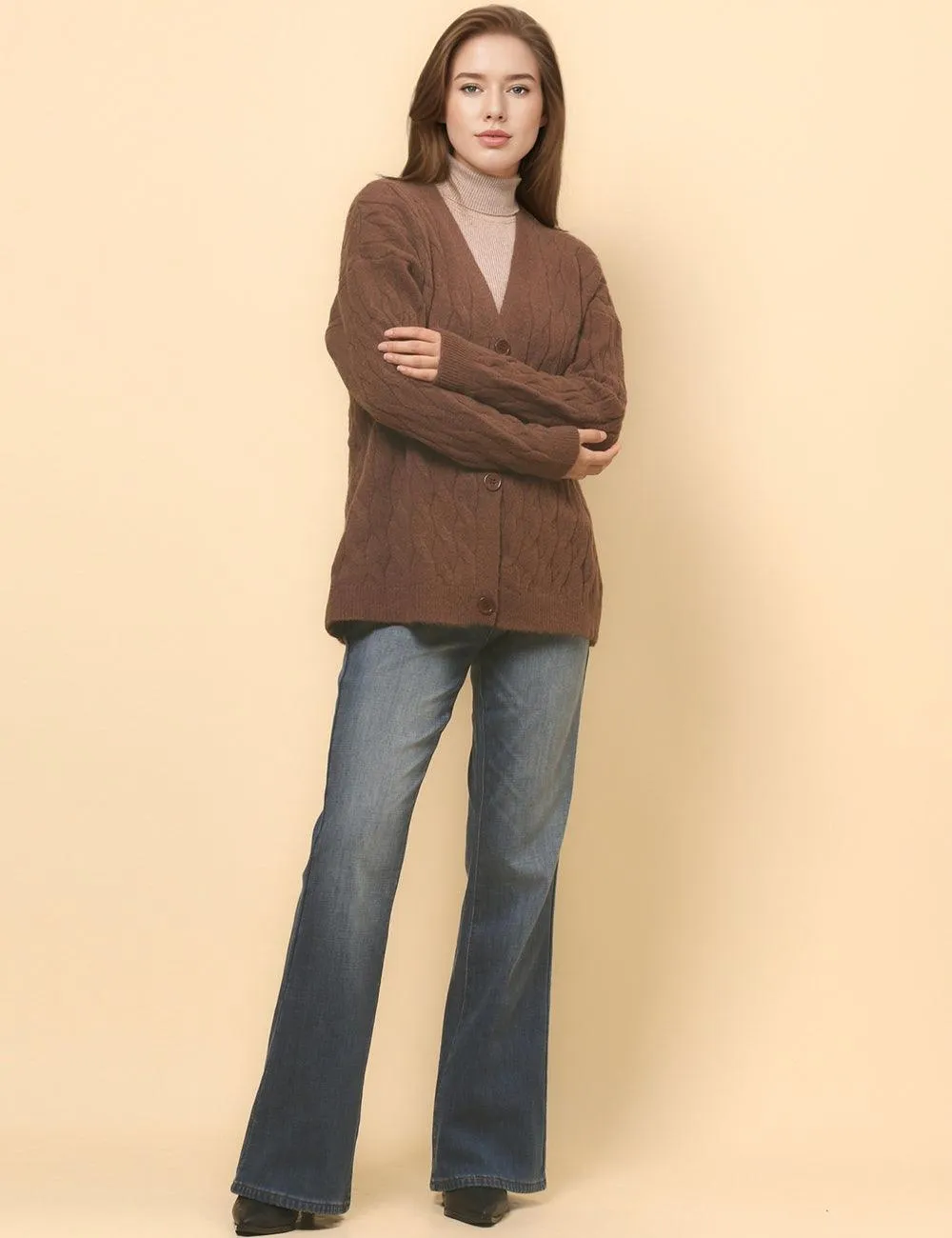 Ladies Solid Color Cable Knit Botton Cardigan SKT4811