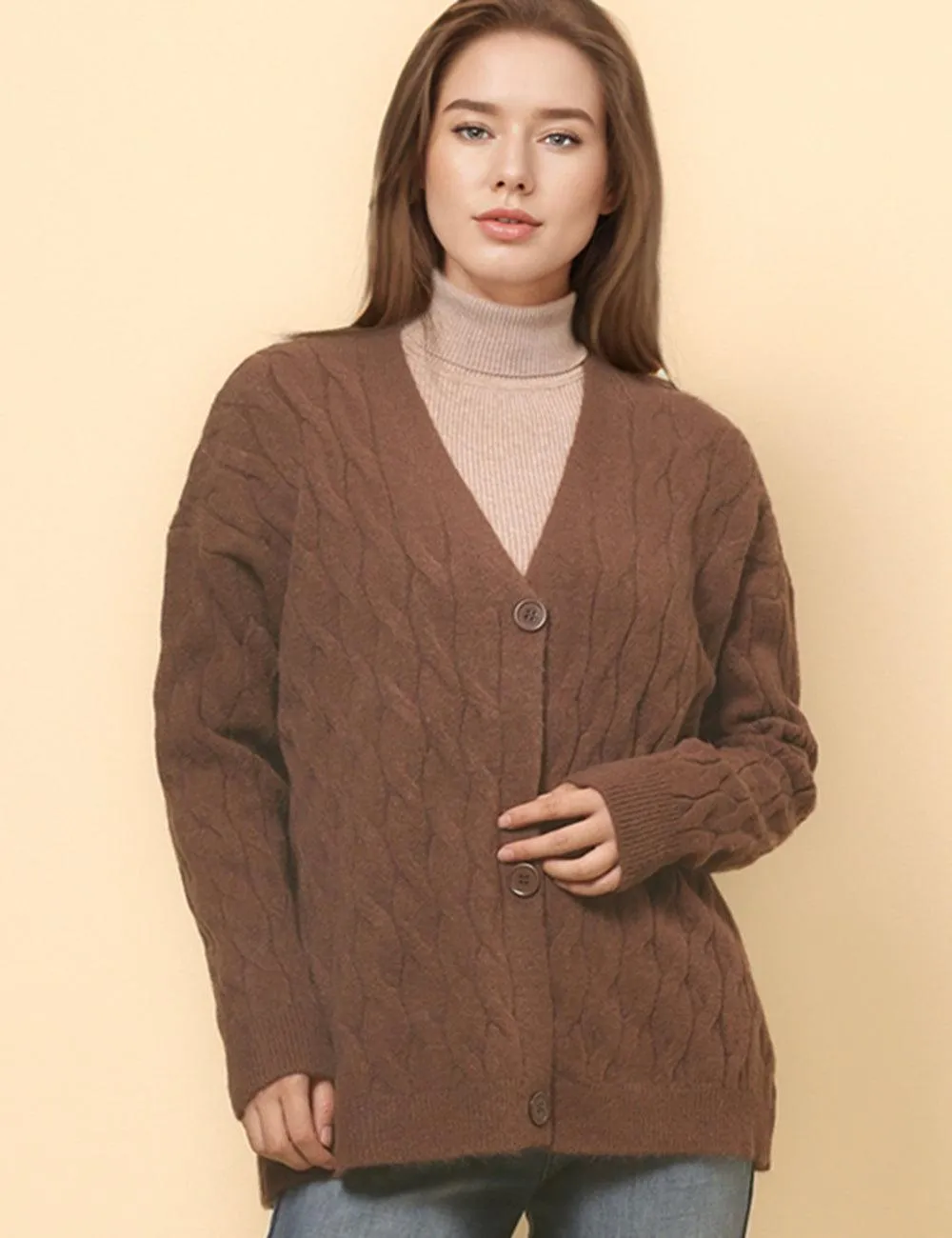 Ladies Solid Color Cable Knit Botton Cardigan SKT4811