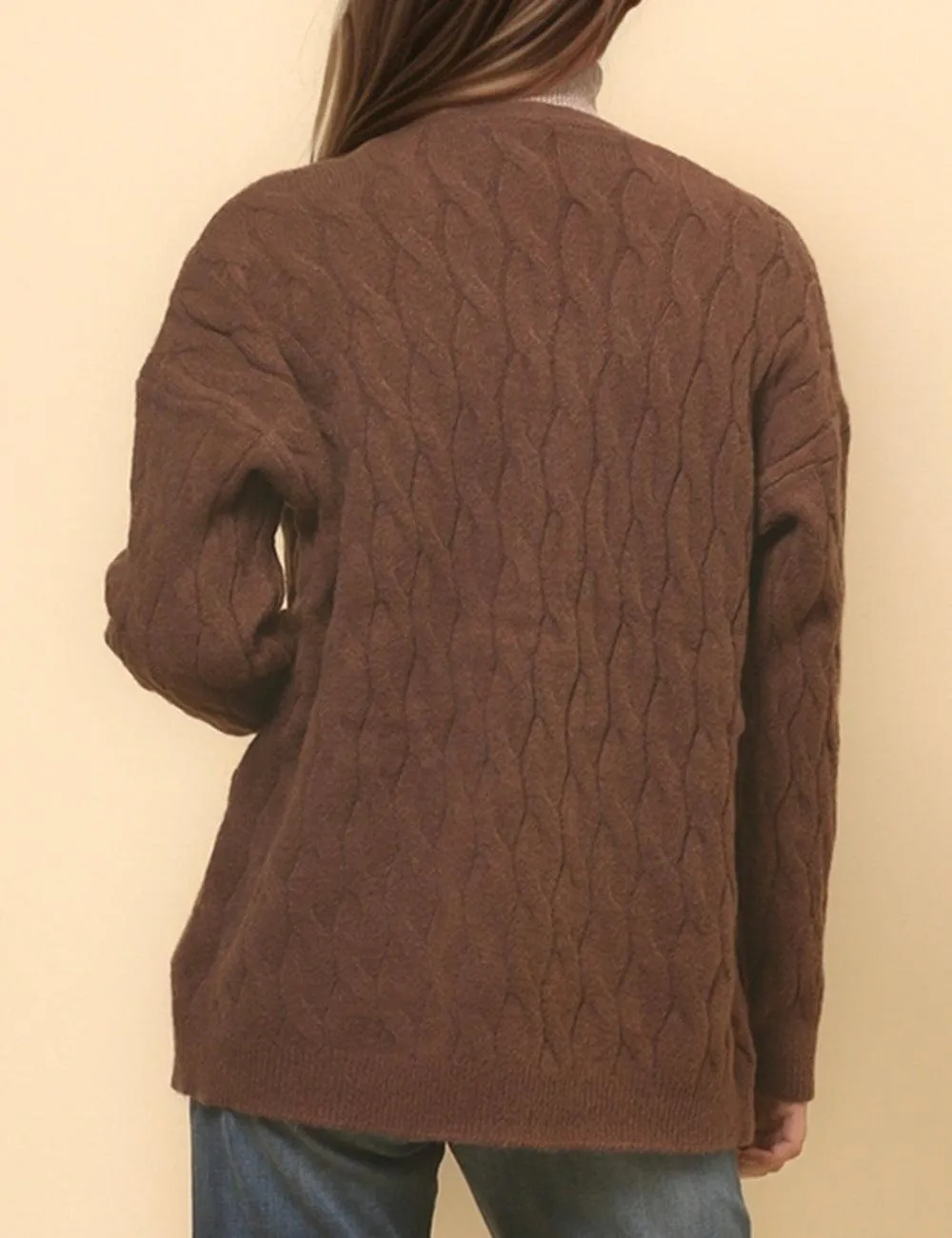 Ladies Solid Color Cable Knit Botton Cardigan SKT4811